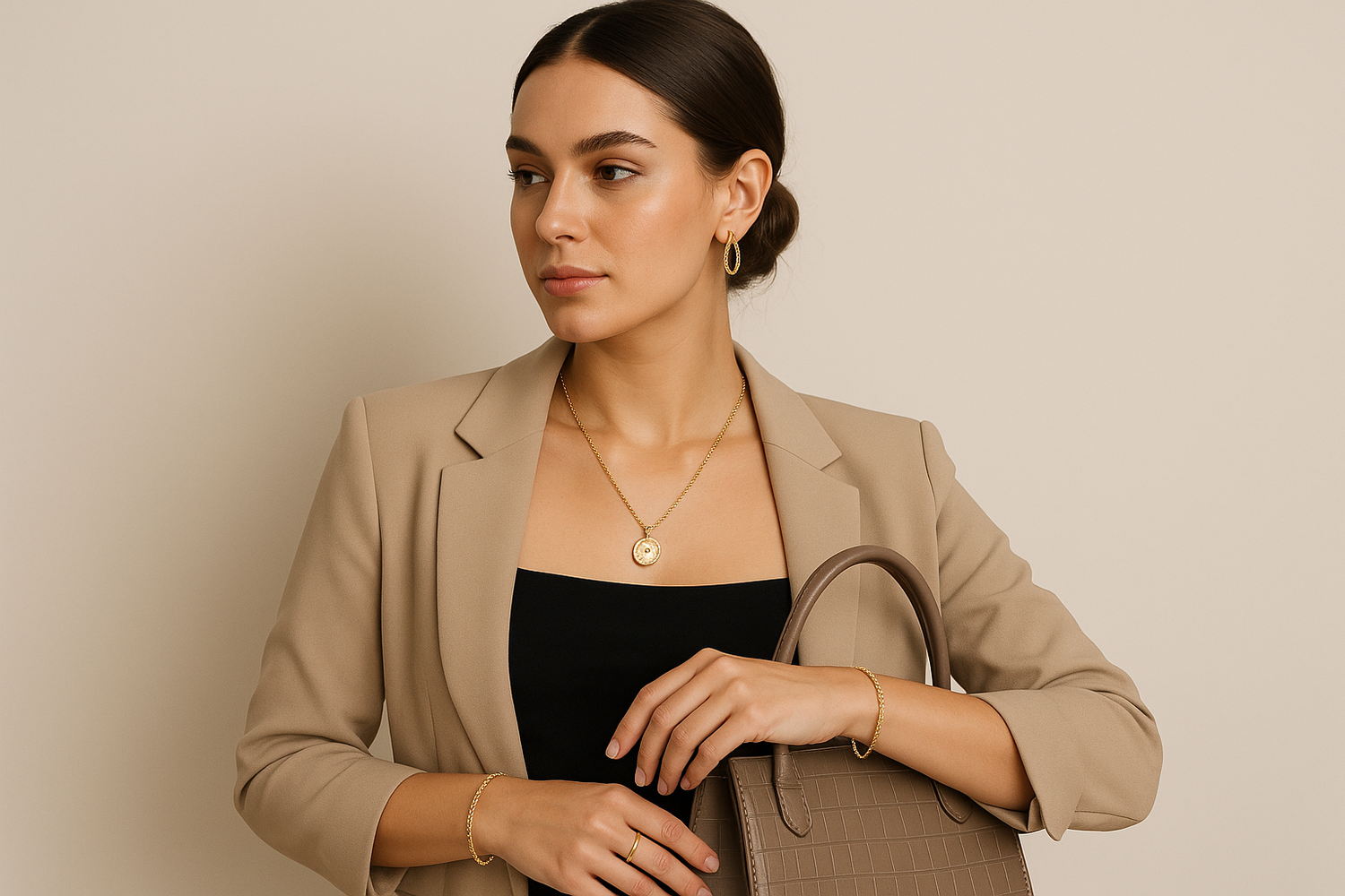 a girl who where jewelry and bag